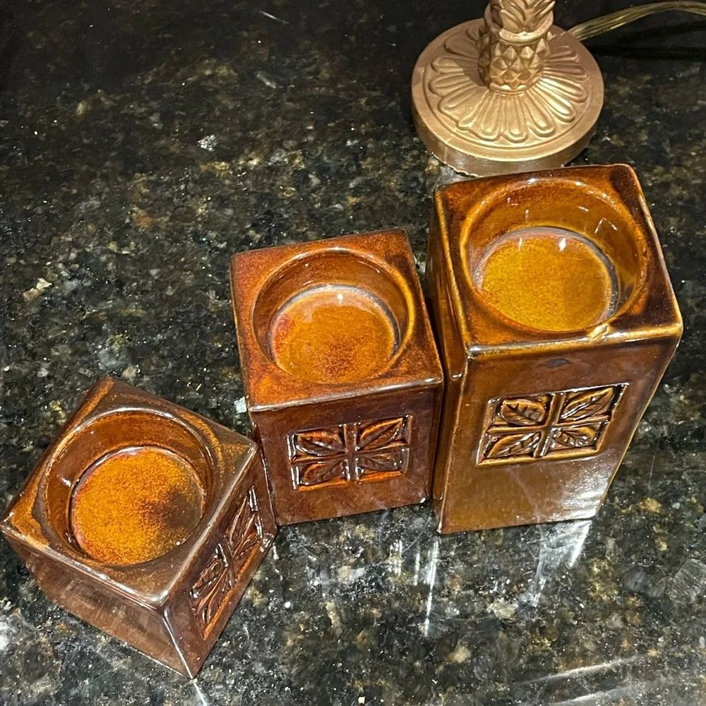 3 Vintage MCM candle holders. Pillar votive candle holders. Glazed ceramic brown